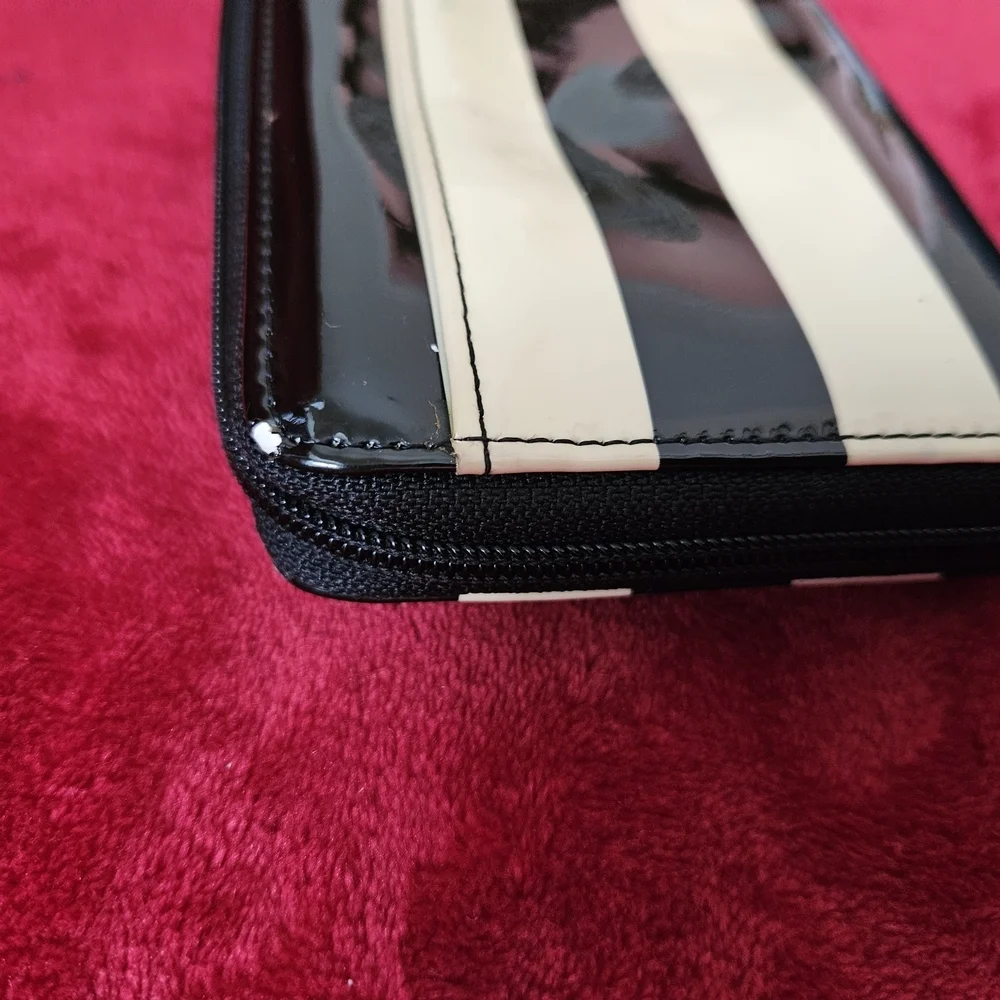 Kate Spade Black and Cream Striped Patent Leather Wallet